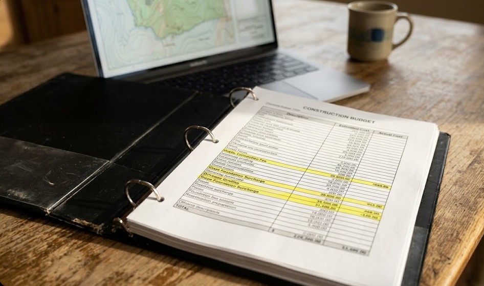 Construction budget showing site-specific costs identified by a feasibility study