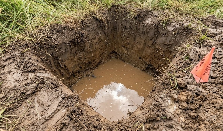 Standing water in septic test pit on Washington land indicating drainage issues