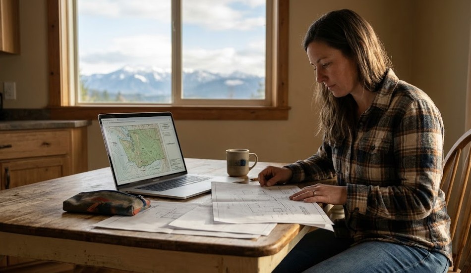 Landowner reviewing site feasibility documents for a Washington State building project