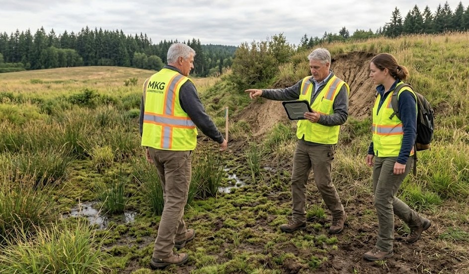 MKG Construction conducting a site feasibility walk on a challenging Washington parcel