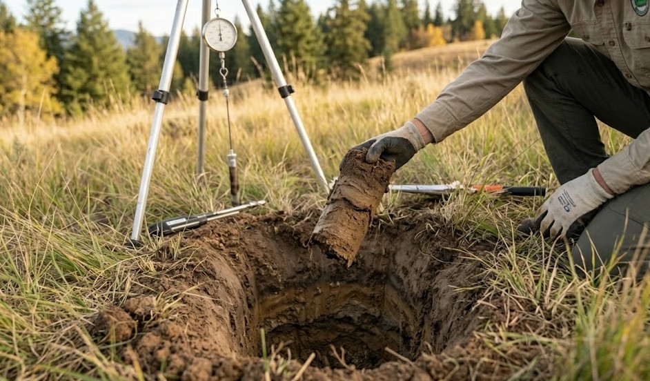 Perc test equipment on a vacant Washington lot for septic feasibility evaluation