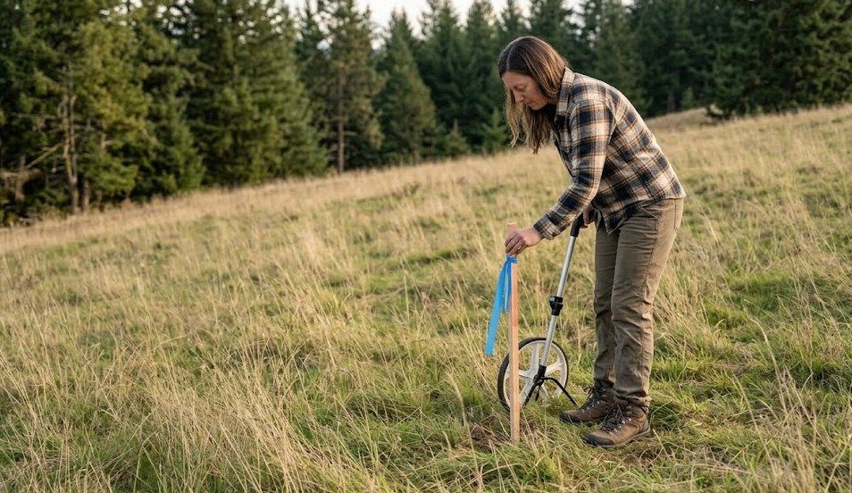 Septic designer marking a drain field on a Washington building lot