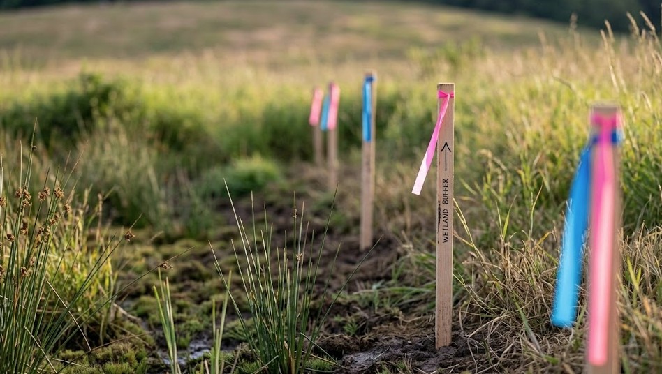 Wetland buffer markers showing restricted building area on a Washington property